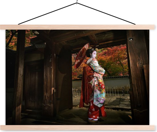 Posterhanger incl. Poster - Schoolplaat - Geisha bij Gion in Japan - 150x100 cm - Blanke latten