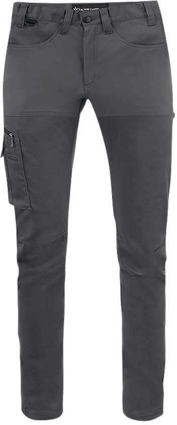 Donkergrijze functionele stretch werkbroek met ritszakken op het been.