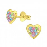 Zilveren oorbellen | Oorstekers | Gold plated oorstekers, roze hart met gekleurde kristallen