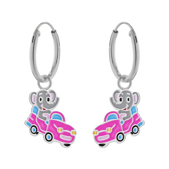 Oorbellen meisje zilver | Zilveren oorringen, olifant in roze auto