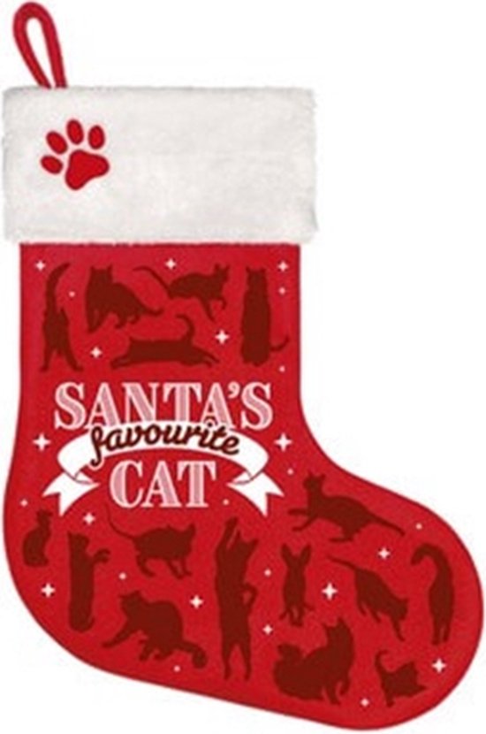 Rode kerstsok met witte pluche rand, pootafdruk en kattenmotieven, met de tekst 'SANTA'S FAVOURITE CAT'.