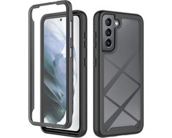 Hoesje Geschikt voor Samsung Galaxy S21 FE | Met ingebouwde screenprotector | Full Protect valbescherming | Doorzichtig / Zwart