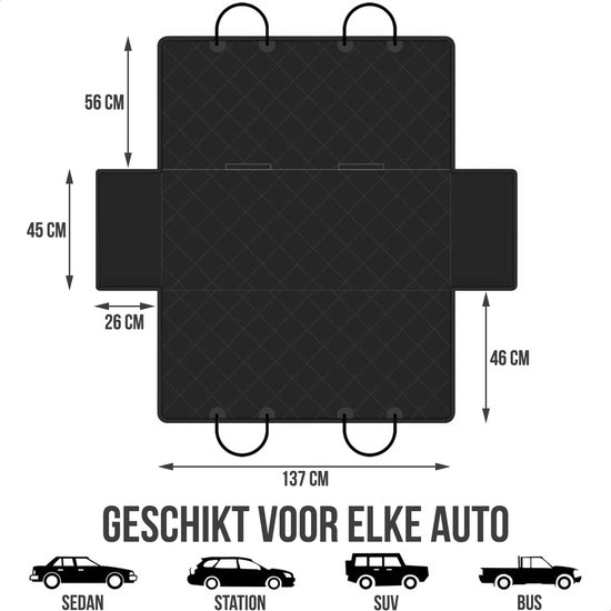 Ontvouwde zwarte autodeken met afmetingen: 137x147cm. Geschikt voor Sedan, Station, SUV en Bus. Tekst: 'GESCHIKT VOOR ELKE AUTO'.