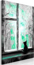 Schilderij - Longing Kitty (1 Part) Vertical Green.