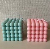 Kaarsen - decoratieve kaarsen SET van 2 - bubbel - bubble - kubus - roze en mint