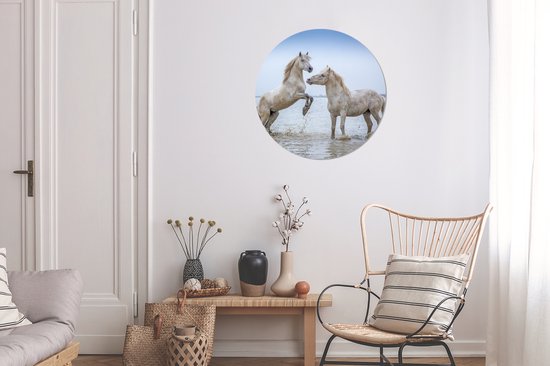 Papier peint cercle - Deux chevaux dans l'eau en Camargue - 80x80 cm - Cercle mural - Autocollant - Papier peint autocollant