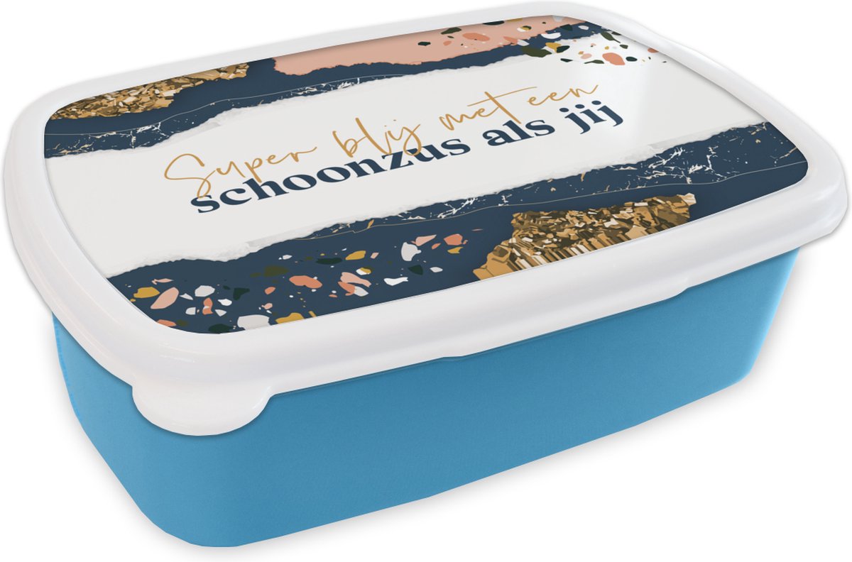 Broodtrommel Blauw - Lunchbox - Brooddoos - Quotes - Goud - Zus - 18x12x6 cm - Kinderen - Jongen