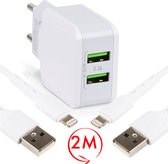 Snellader Dubbele USB Adapter met 2x iPhone Oplader Kabel 2 Meter - Geschikt voor iPhone 13/12/11/X/8/7 en iPad