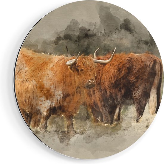 Artaza Dibond Muurcirkel Twee Schotse Hooglander Koeien - Abstract - Ø 50 cm - Klein - Wandcirkel - Rond Schilderij - Voor Binnen en Buiten