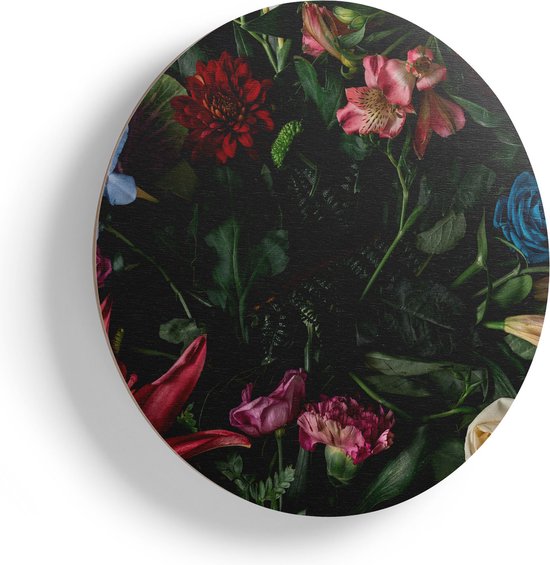 Artaza Houten Muurcirkel - Kleurrijke Bloemen Met Groene Bladeren - Ø 75 cm - Multiplex Wandcirkel - Rond Schilderij