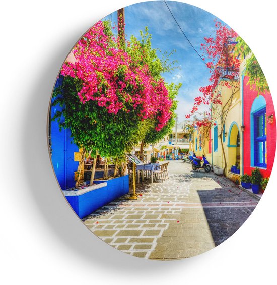 Artaza Muurcirkel - Kleurrijke Straat op het Eiland Kos, Griekenland - Wandcirkel - Rond Schilderij