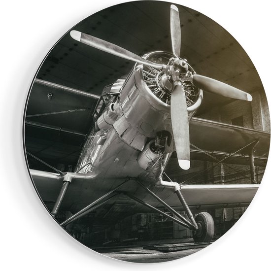 Artaza Dibond Muurcirkel - Oud Vliegtuig In Een Hangar - Zwart Wit - Ø 90 cm - Groot - Wandcirkel - Rond Schilderij - Voor Binnen en Buiten