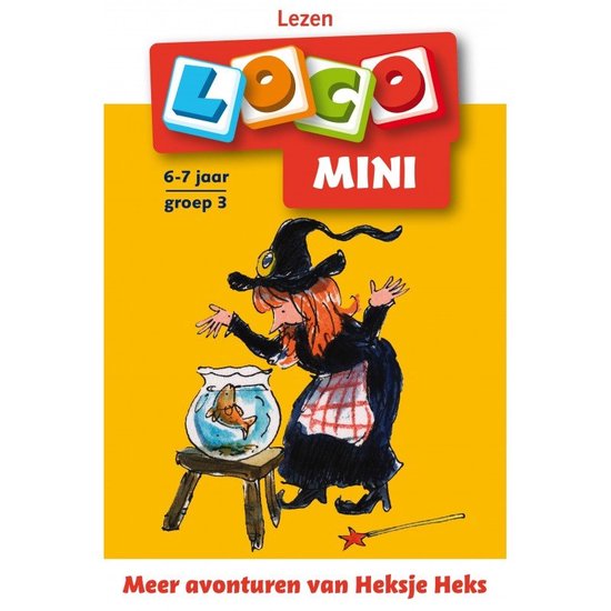 Boek "Loco mini" met een heksje dat naar een goudvis in een kom kijkt. Voor 6-7 jaar, groep 3.