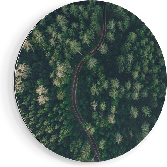 Artaza Dibond Muurcirkel Weg Door Bos Met Bomen - Bovenaanzicht - Ø 40 cm - Klein - Wandcirkel - Rond Schilderij - Voor Binnen en Buiten