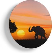 Artaza Houten Muurcirkel - Olifant Silhouet Tijdens Zonsondergang  - Ø 50 cm - Klein - Multiplex Wandcirkel - Rond Schilderij