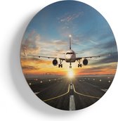 Artaza Houten Muurcirkel - Vliegtuig Met Een Landing Op De Luchthaven - Ø 45 cm - Klein - Multiplex Wandcirkel - Rond Schilderij