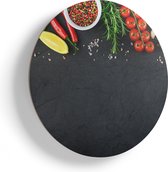 Artaza Houten Muurcirkel - Kruiden Met Groenten Op Een Zwarte Plaat - Ø 45 cm - Klein - Multiplex Wandcirkel - Rond Schilderij