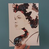 'Flower Power 2' | Kunst Poster | merk: MadameRuiz | A4 formaat | gerecycled papier | Afrikaanse vrouw met bloemen patroon - Kunst aan de muur - Wanddecoratie - Woonaccessoire - De