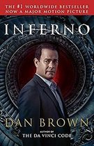 De cover van Inferno: De cover van het boek toont een man in een pak, met op de achtergrond een rond, mechanisch patroon. Tekst op de cover luidt: 'The #1 Worldwide Bestseller Now A Major Motion Picture', 'Inferno', 'Dan Brown', 'Author of The Da Vinci Code'.