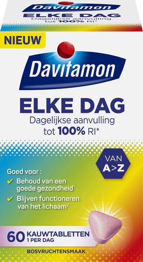 Davitamon Elke Dag kauwtabletten - Complete multivitamine met 22 essentiële vitamines en mineralen - 60 tabletten - Multivitamine