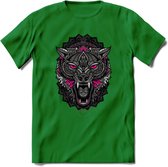 Wolf - Dieren Mandala T-Shirt | Roze | Grappig Verjaardag Zentangle Dierenkop Cadeau Shirt | Dames - Heren - Unisex | Wildlife Tshirt Kleding Kado | - Donker Groen - XL