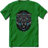 Wolf - Dieren Mandala T-Shirt | Lichtblauw | Grappig Verjaardag Zentangle Dierenkop Cadeau Shirt | Dames - Heren - Unisex | Wildlife Tshirt Kleding Kado | - Donker Groen - XL