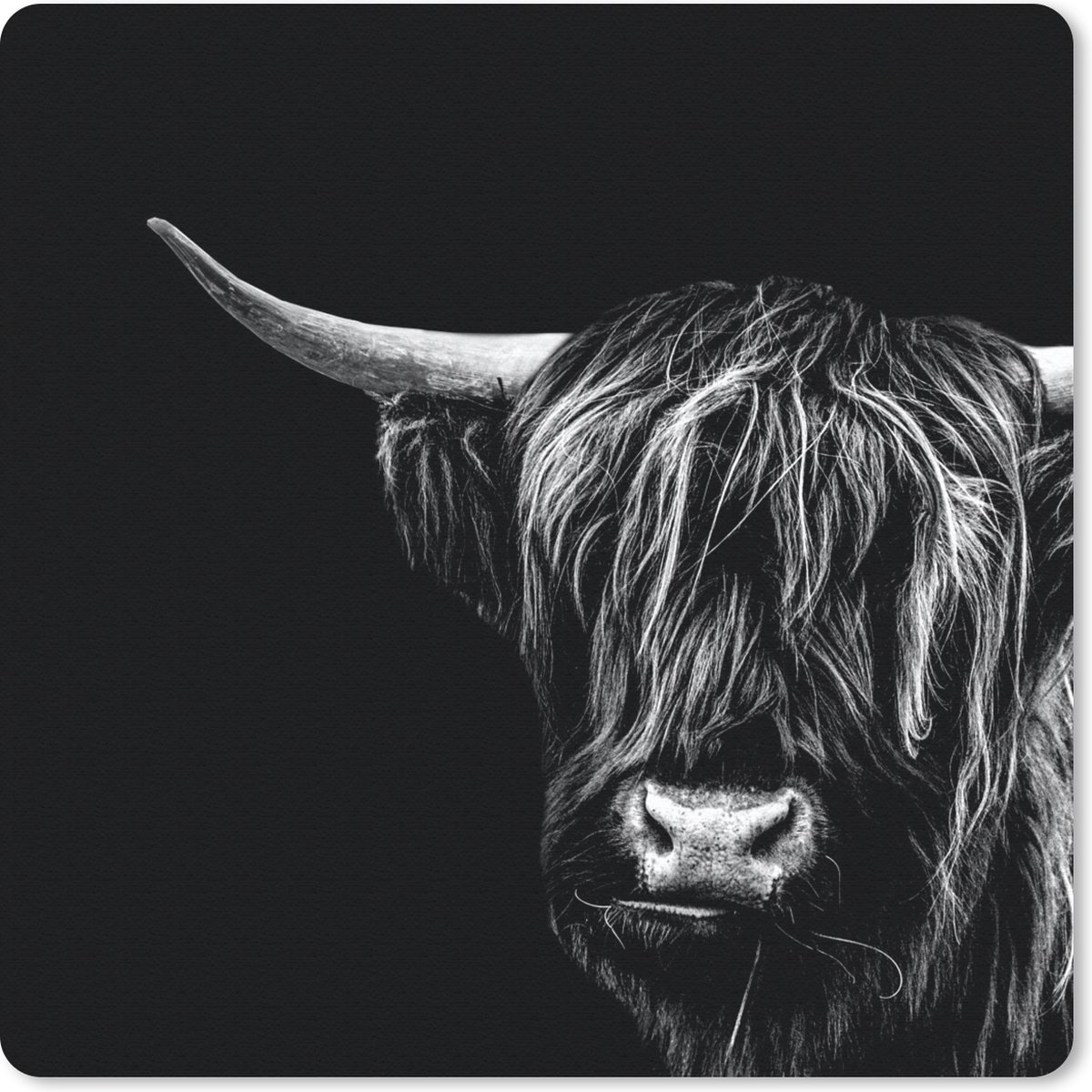 Muismat 20x20 cm - Mousepad Schotse hooglander - Hoorn - Zwart - Wit - Muismatten