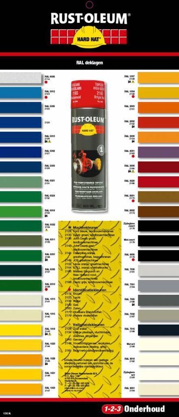 Kleurenkaart van RUST-OLEUM HARD HAT verf met 500 ml spuitbussen.