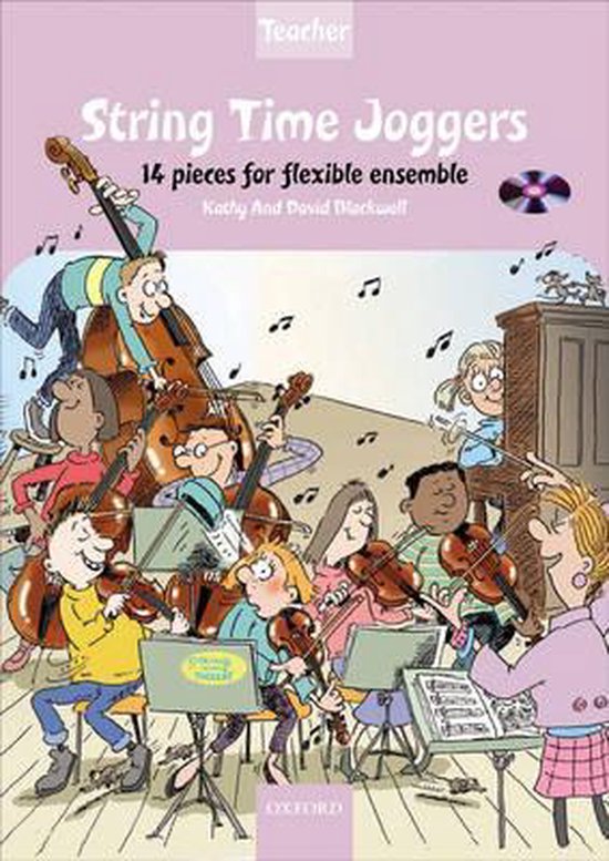 Couverture de livre intitulée 'String Time Joggers', 14 pièces pour ensemble flexible, avec des dessins animés d'enfants et d'adultes jouant d'instruments à cordes.