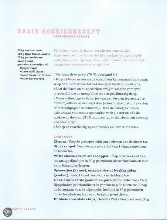 Recept voor 'Basis koekjes' met ingrediënten en instructies.