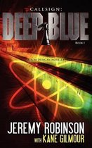 Boekomslag van "CALLSIGN: DEEP BLUE", een novelle van Tom Duncan. Met een atomische structuur en een schaakstuk.