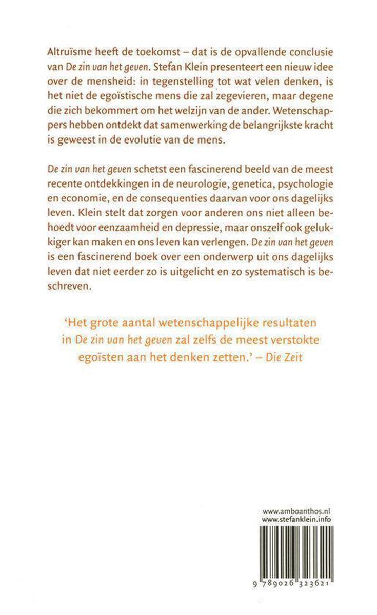 De zin van het geven - back cover