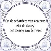 Tegeltje met Spreuk (Tegeltjeswijsheid): Op de schouders van een reus ziet de dwerg het meeste van de twee! + Kado verpakking & Plakhanger