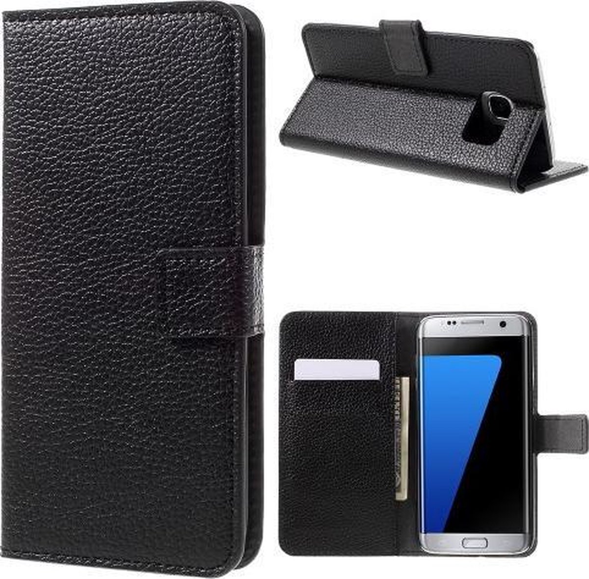 Grain litchi lederlook wallet hoesje Geschikt voor: Samsung Galaxy S7 Edge zwart