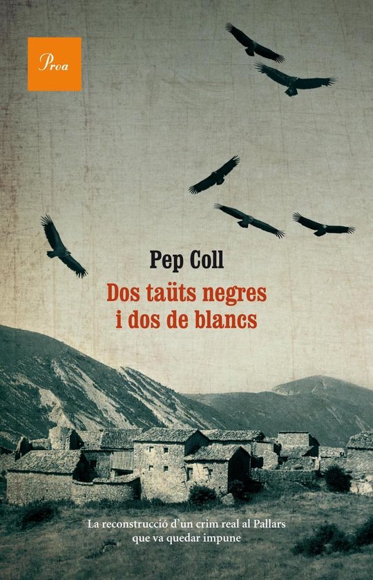 Boekomslag: vliegende gieren boven een stenen dorp in de bergen. Titel: Dos taüts negres i dos de blancs door Pep Coll.