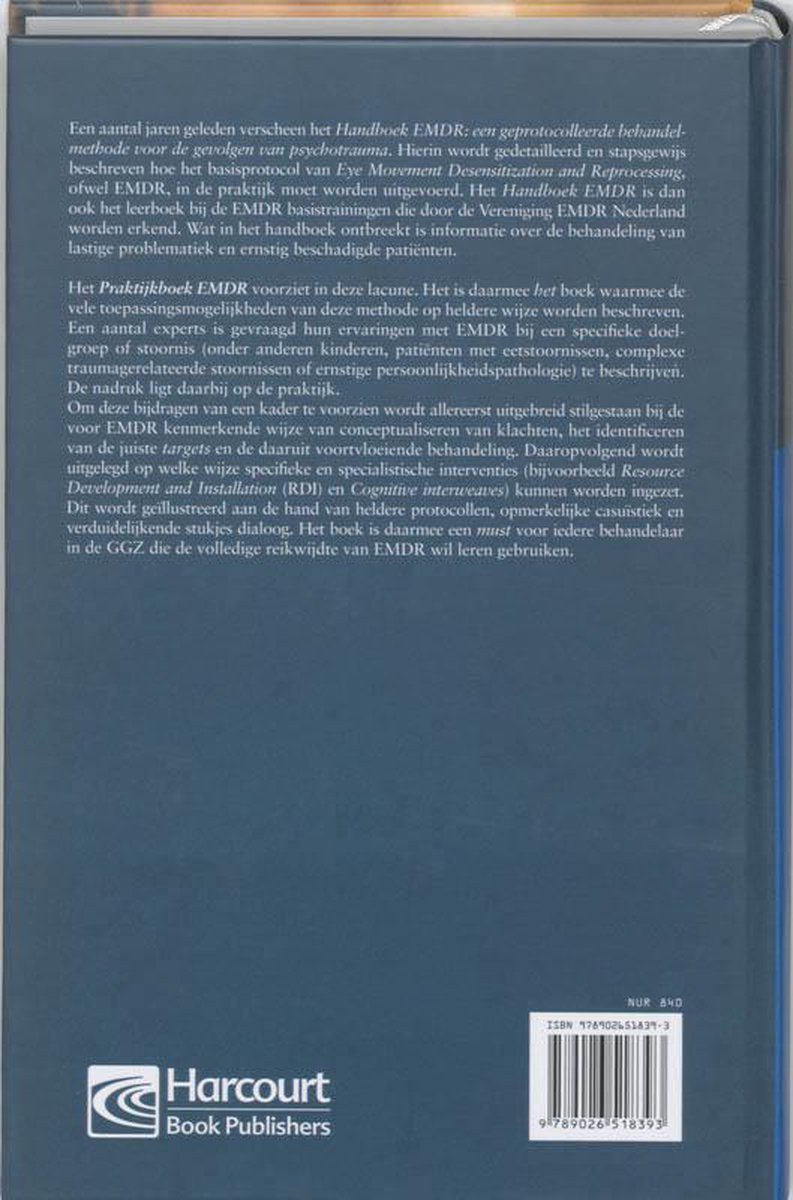 Achterkant van het boek "Praktijkboek EMDR" met tekst en de uitgever Harcourt Book Publishers.