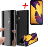 Spiegel Hoesje voor Huawei P20 Lite Lederen Wallet Book Case Zwart + Screenprotector Tempered Gehard Glass van iCall