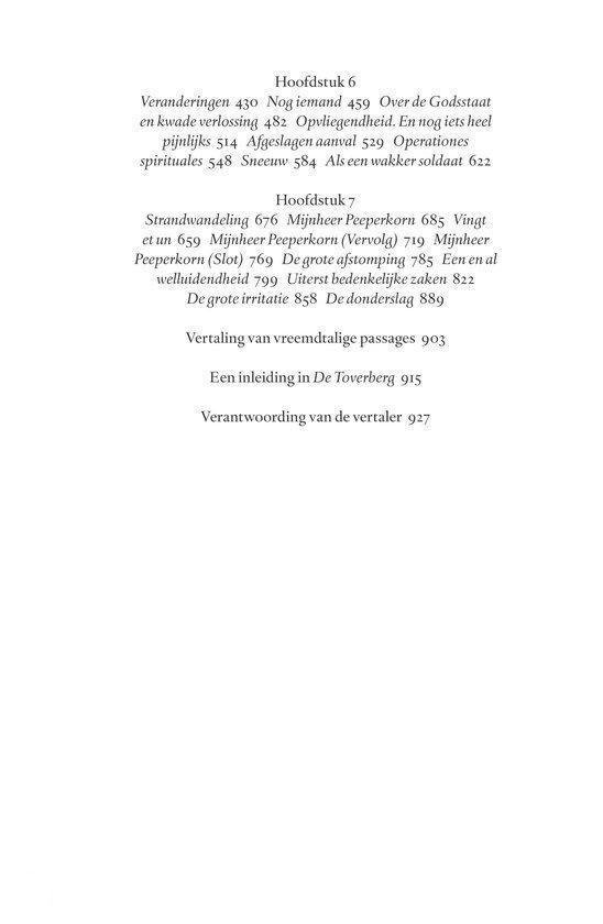 Tekstpagina met de inhoudsopgave van 'De Toverberg', met hoofdstuktitels, subsecties en paginanummers.