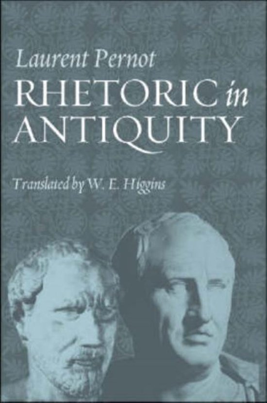 Boekomslag van 'Rhetoric in Antiquity' met beelden van twee mannen en tekst in het wit.