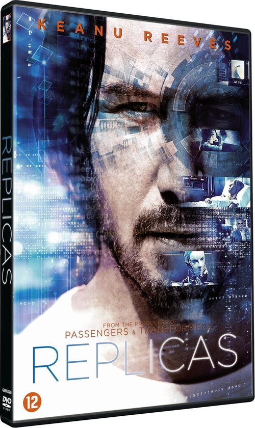 DVD hoes van de film Replicas met Keanu Reeves. Digitale en futuristische beelden op de achtergrond.