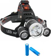 Hoofdlamp LED Cree 3x XM-L T6 - Zwart - Incl. 2 oplaadbare batterij