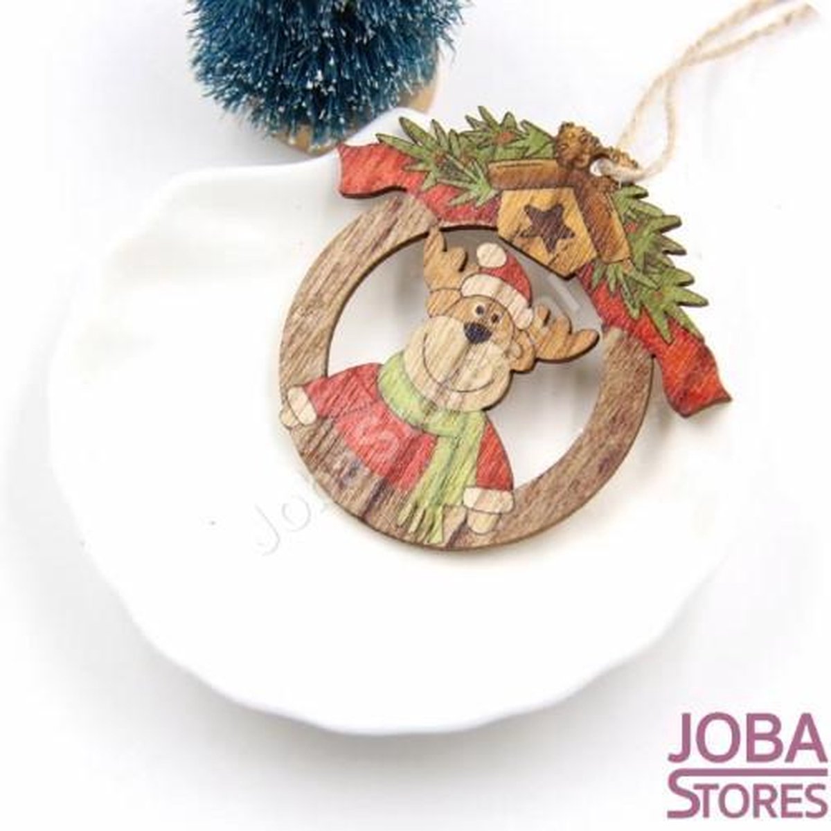 Houten Kerst Hangers Rond Rendier (10 stuks)