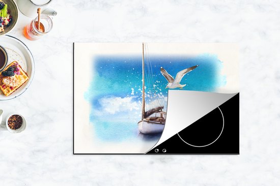 KitchenYeah® Inductie beschermer 78x52 cm - Boot - Water - Meeuw - Kookplaataccessoires - Afdekplaat voor kookplaat - Inductiebeschermer - Inductiemat - Inductieplaat mat