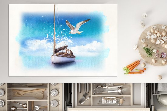 KitchenYeah® Inductie beschermer 78x52 cm - Boot - Water - Meeuw - Kookplaataccessoires - Afdekplaat voor kookplaat - Inductiebeschermer - Inductiemat - Inductieplaat mat