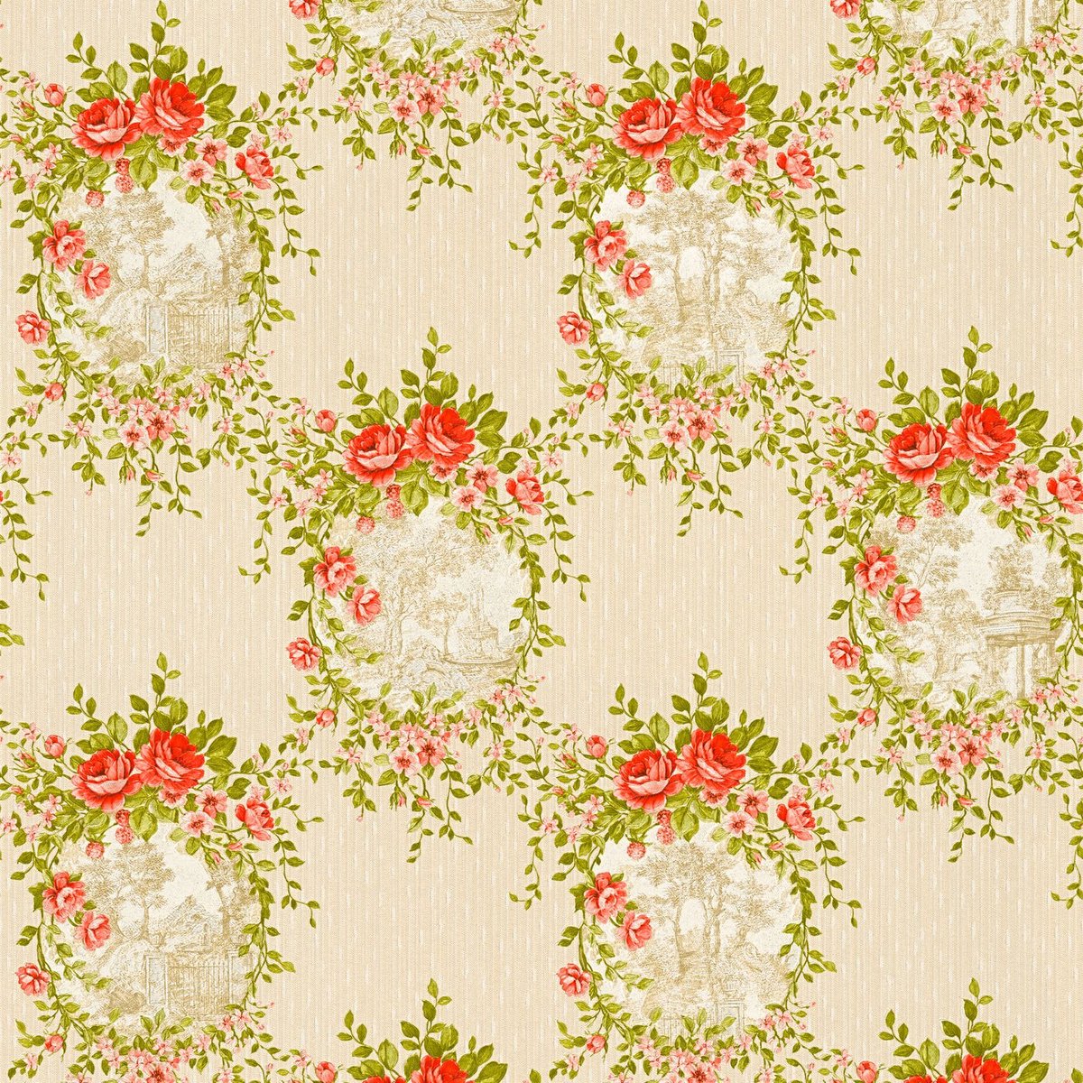 Bloemen behang Profhome 344991-GU vliesbehang licht gestructureerd met bloemen patroon mat rood groen beige 5,33 m2