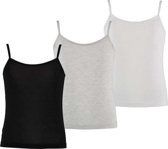 Apollo Meisjes Bamboe Singlet Hemden 3-Pack Zwart Grijs Wit Spaghettibandjes Onderhemd - Maat 134/140