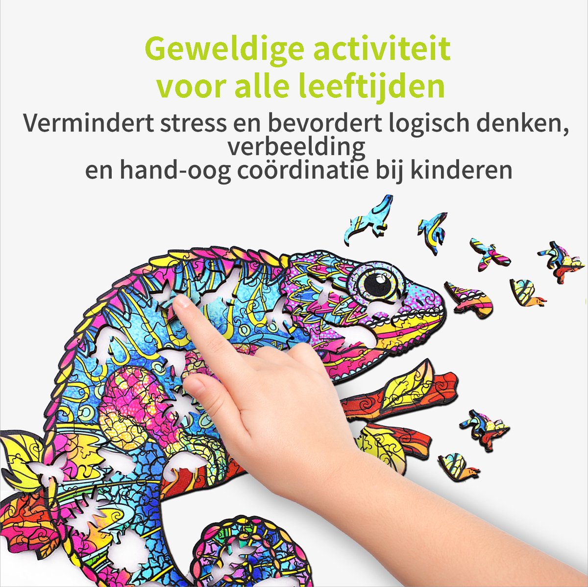 ACROPAQ Houten puzzel kameleon – 200 stukjes – A3 formaat (420 x 297 mm) – Houten legpuzzel dieren voor kinderen en volwassenen — cadeau in Spellen & Speelgoed - foto 6
