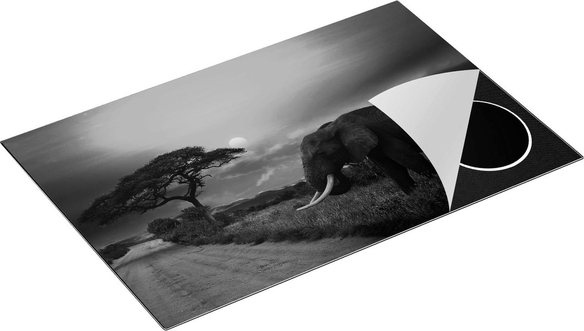 Chefcare Inductie Beschermer Olifant in het Wild tijdens Zonsondergang - Zwart Wit - 80,2x52,2 cm - Afdekplaat Inductie - Kookplaat Beschermer - Inductie Mat