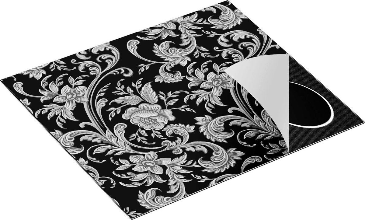 Chefcare Inductie Beschermer Decoratieve Gouden Bloemen Achtergrond - Zwart Wit - 60x52 cm - Afdekplaat Inductie - Kookplaat Beschermer - Inductie Mat