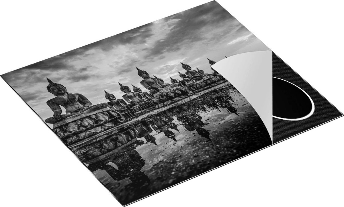 Chefcare Inductie Beschermer Boeddha Beelden tijdens Zonsondergang - Zwart Wit - 60x55 cm - Afdekplaat Inductie - Kookplaat Beschermer - Inductie Mat